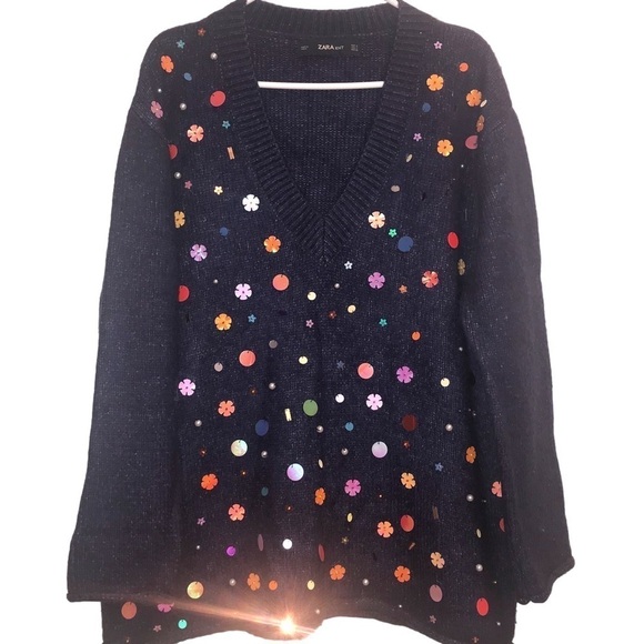 ZARA Knit Oversized Woman’s Sweater Pullover Sequins Beads Size Small - Picture 1 of 7